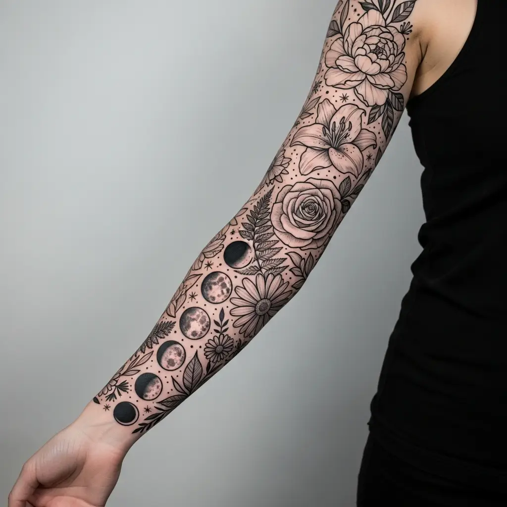 Grossflaechiges Fineline Sleeve Tattoo mit floralen und astronomischen Motiven