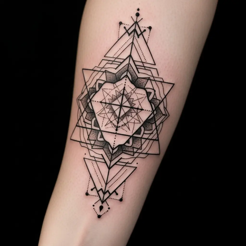 Geometric Tattoo mit präzisen Dreiecken und Mandala-Struktur am Unterarm