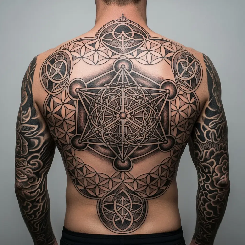 Grossflächiges Geometric Tattoo am Ruecken mit Sacred Geometry Motiven in Schwarz
