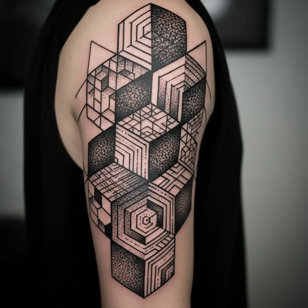 Geometric Tattoo Sleeve am Oberarm mit isometrischen Wuerfeln und Linienmuster