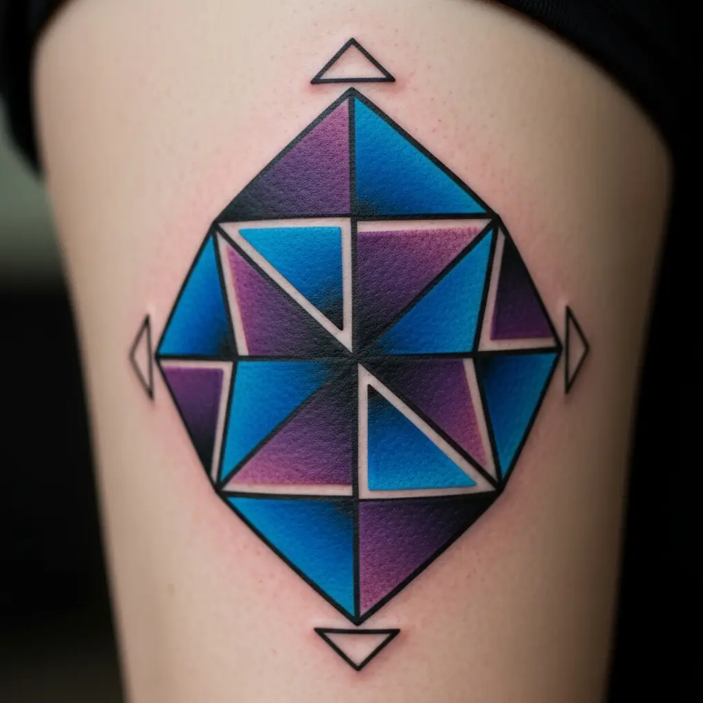 Farbenfrohes Geometric Tattoo am Oberschenkel mit blau-violetten Polygonformen