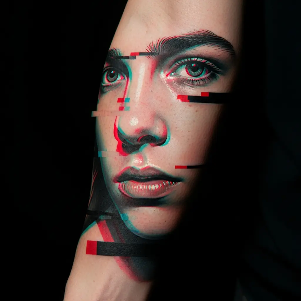 Glitch Realism Tattoo mit RGB-Farbverschiebung an einem Porträt-Motiv