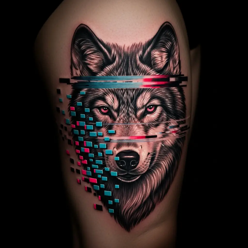 Glitch Realism Tattoo eines Wolfes mit digitalen Störeffekten am Oberschenkel