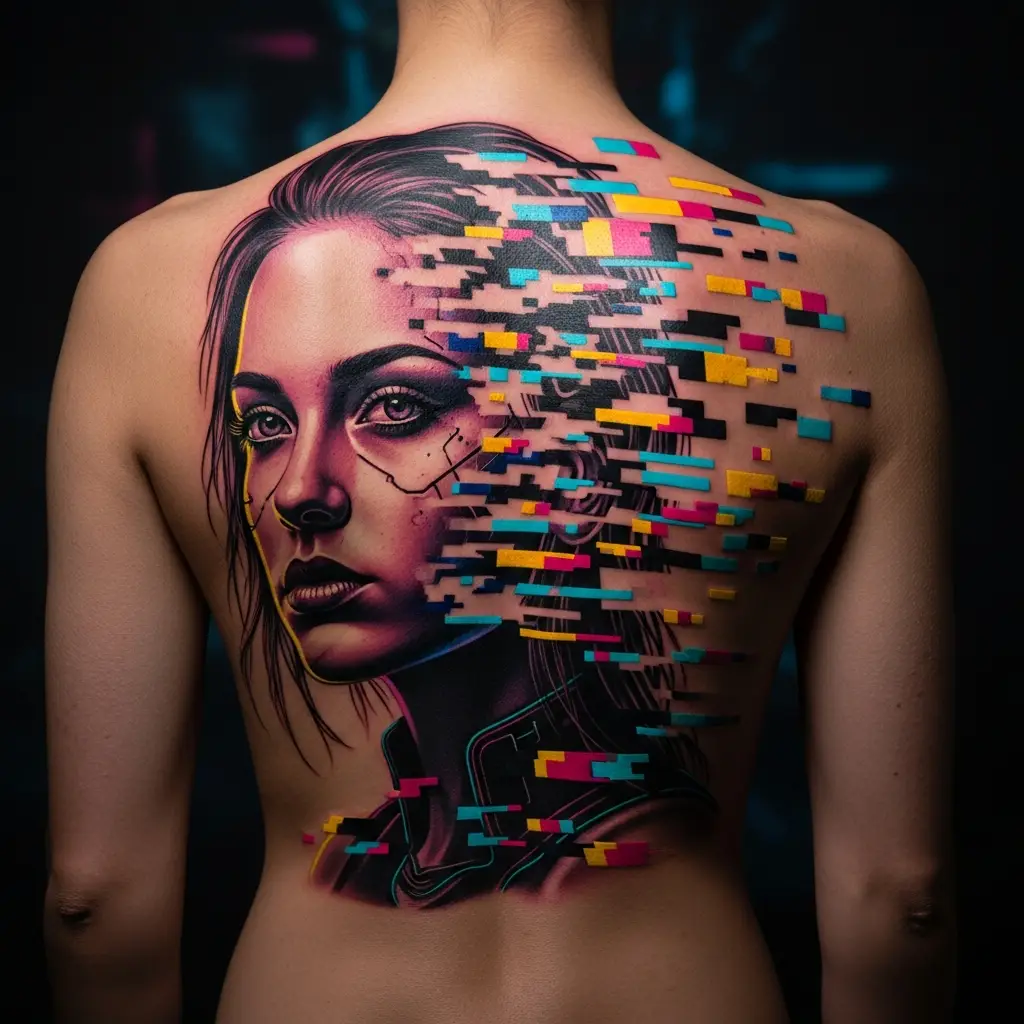 Grossformatiges Glitch Realism Tattoo am Ruecken mit Cyberpunk-Ästhetik