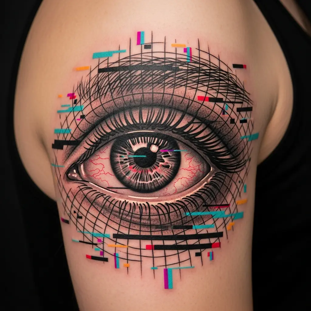 Detailaufnahme Glitch Realism Tattoo mit Pixelblöcken und Scanlines am Arm