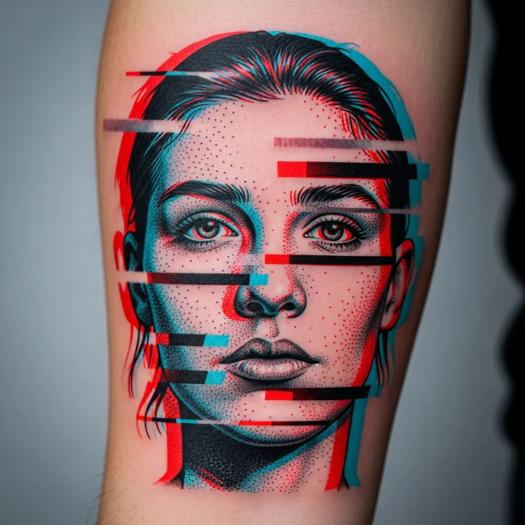 Glitch Tattoo mit RGB-Farbkanaltrennung auf dem Unterarm einer Person
