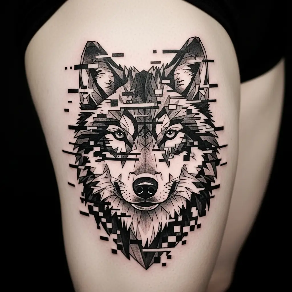 Schwarz-Grau Glitch Tattoo mit Pixelverschiebung auf dem Oberschenkel