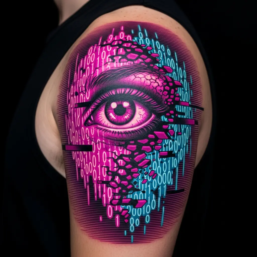 Grossformatiges Glitch Tattoo mit Neonfarben auf dem Schulterblatt
