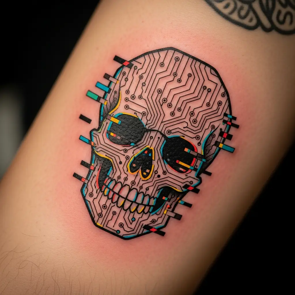 Detailaufnahme eines Glitch Tattoos mit Retro-Pixel-Ästhetik und Schaltkreismuster