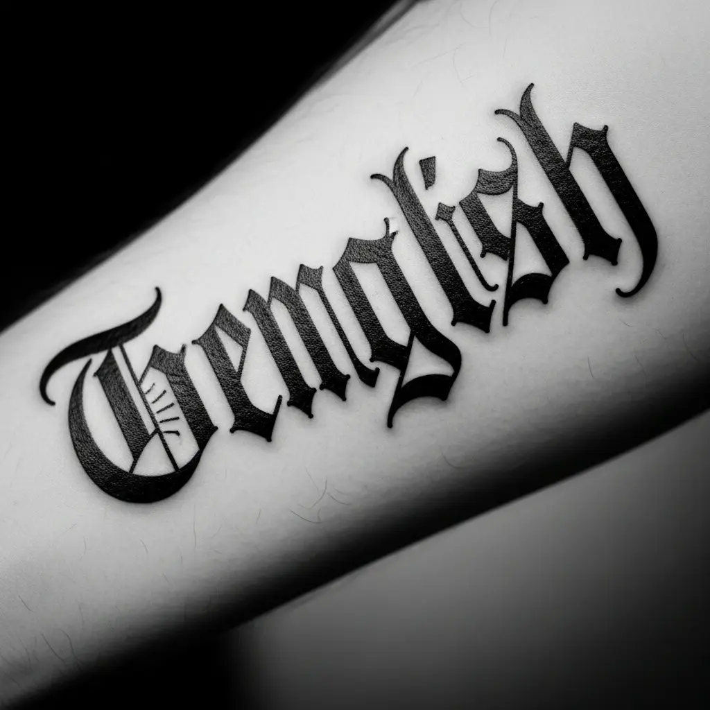 Gothic Lettering Tattoo mit klassischer Blackletter-Schrift am Unterarm