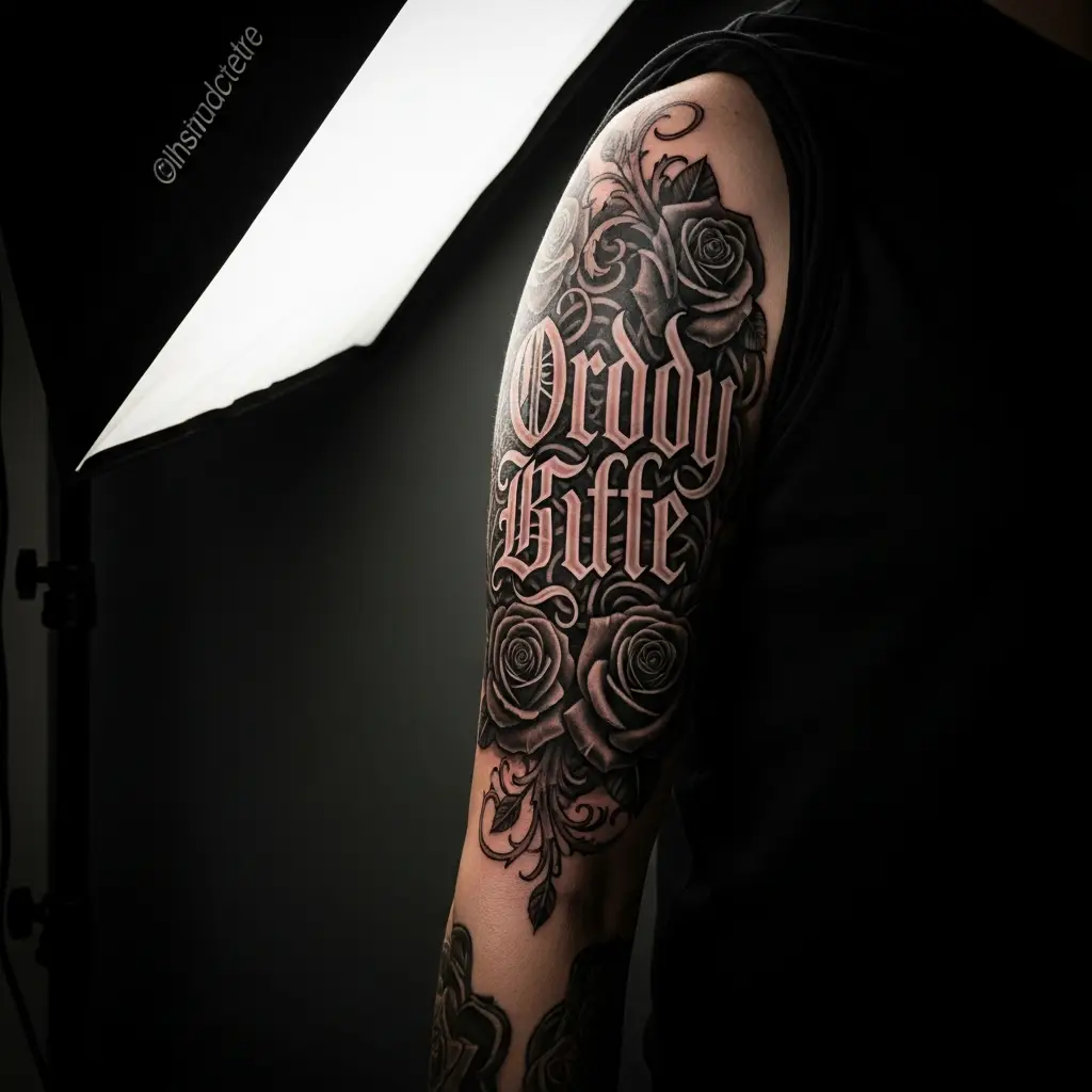 Ornamentiertes Gothic Lettering Tattoo mit Rosen und Ranken auf dem Oberarm