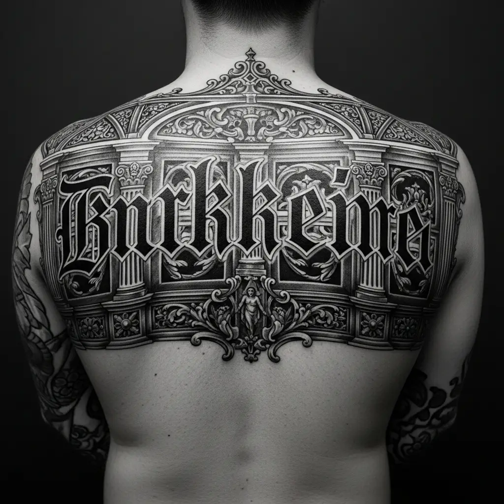 Gothic Lettering Tattoo mit Zitat auf dem Ruecken in Fraktur-Schrift