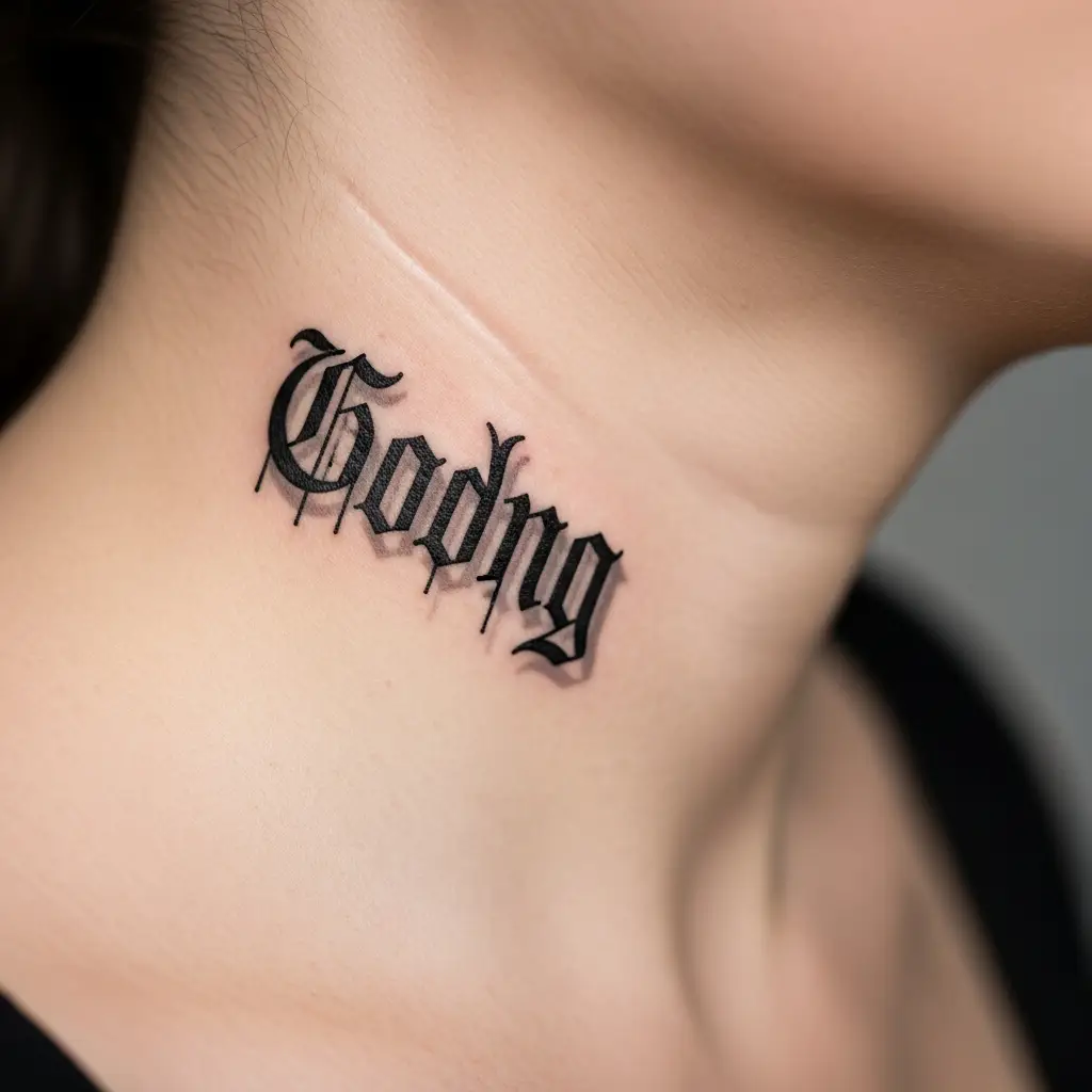 Einzelnes Wort als Gothic Lettering Tattoo am Hals mit Drop-Shadow-Effekt