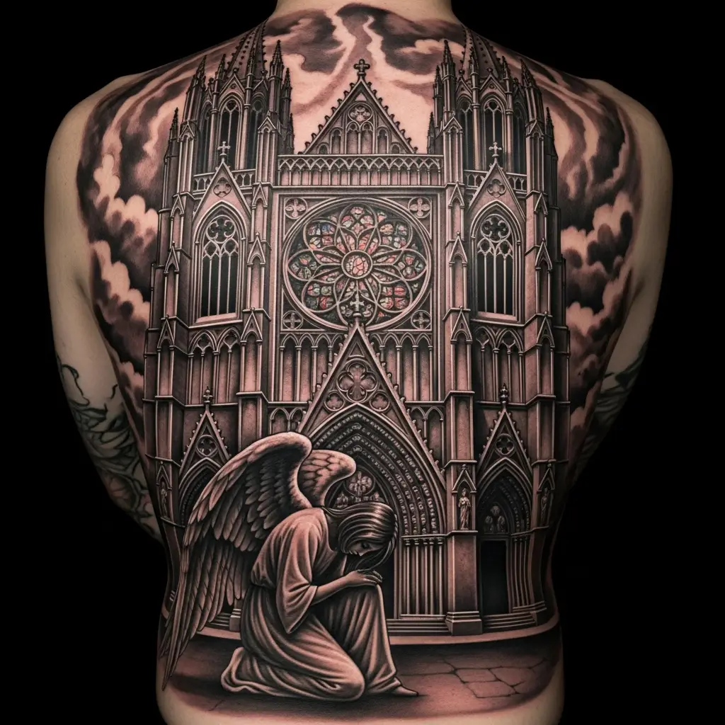 Gothic Tattoo mit gotischer Kathedrale und Engel auf dem Rücken