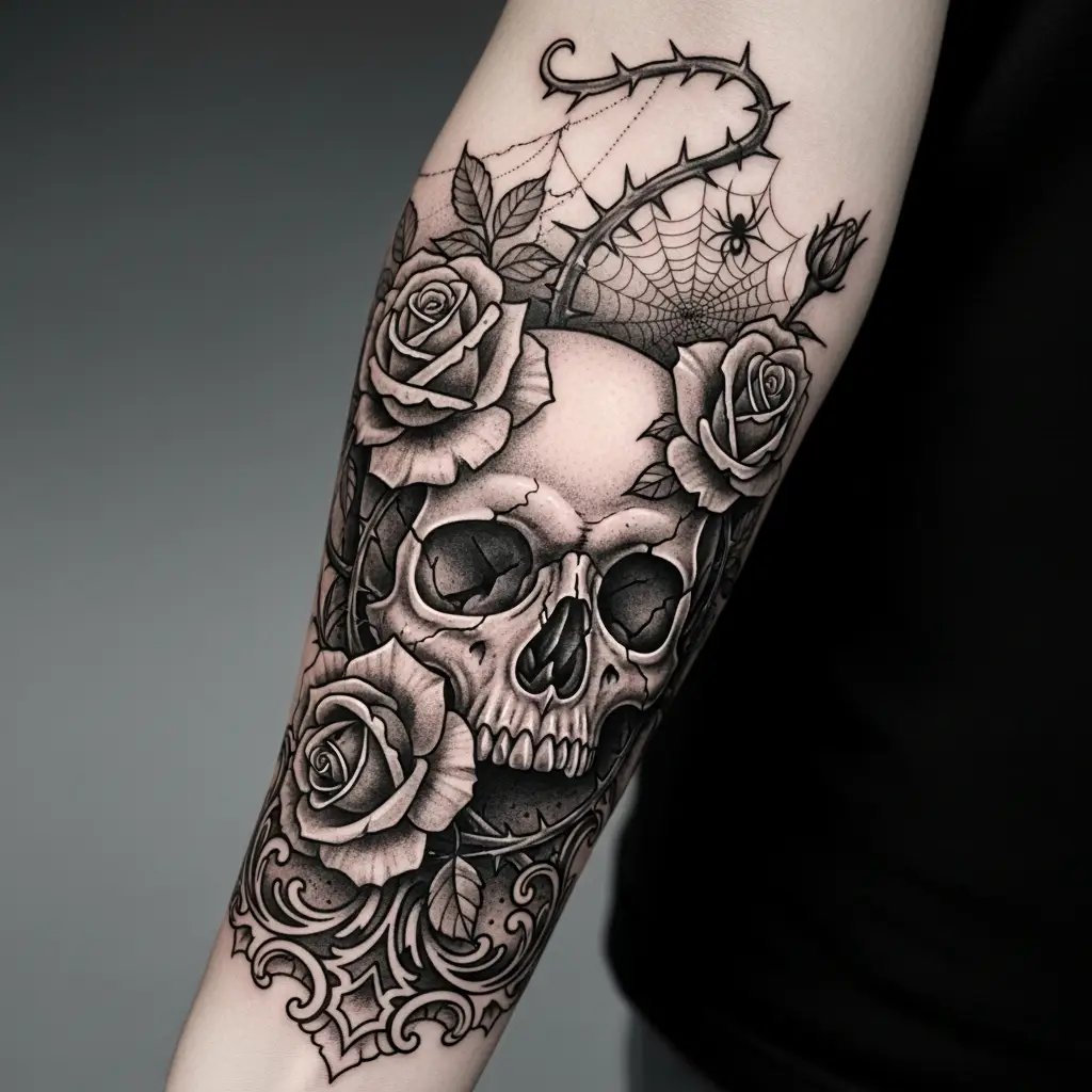Gothic Tattoo mit Totenschädel und verwelkten Rosen am Unterarm