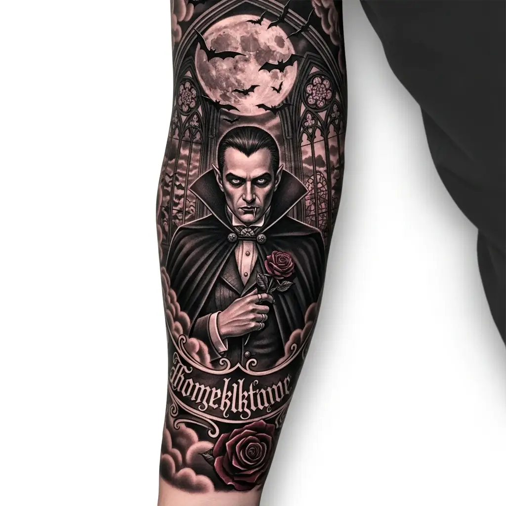 Gothic Tattoo Sleeve mit Vampir-Figur und Mondlicht auf dem Arm