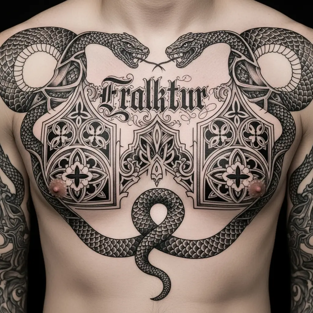 Gothic Tattoo mit Frakturschrift und Ornamentrahmen auf der Brust