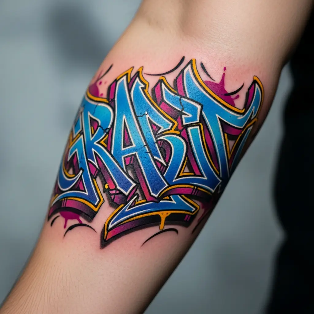Graffiti Tattoo mit buntem Wildstyle-Lettering am Unterarm