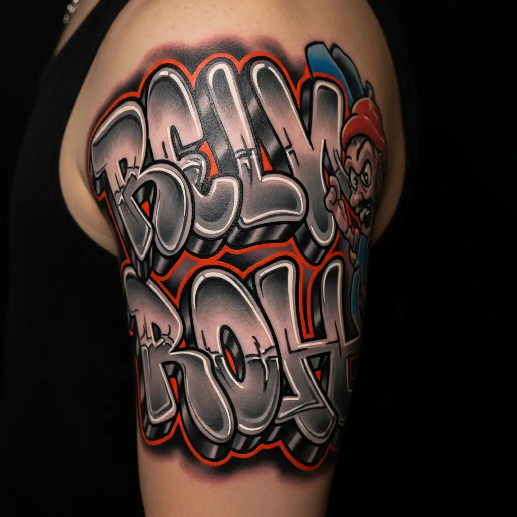 Graffiti Tattoo mit Chrome-Lettering und Bubble-Letters am Oberarm