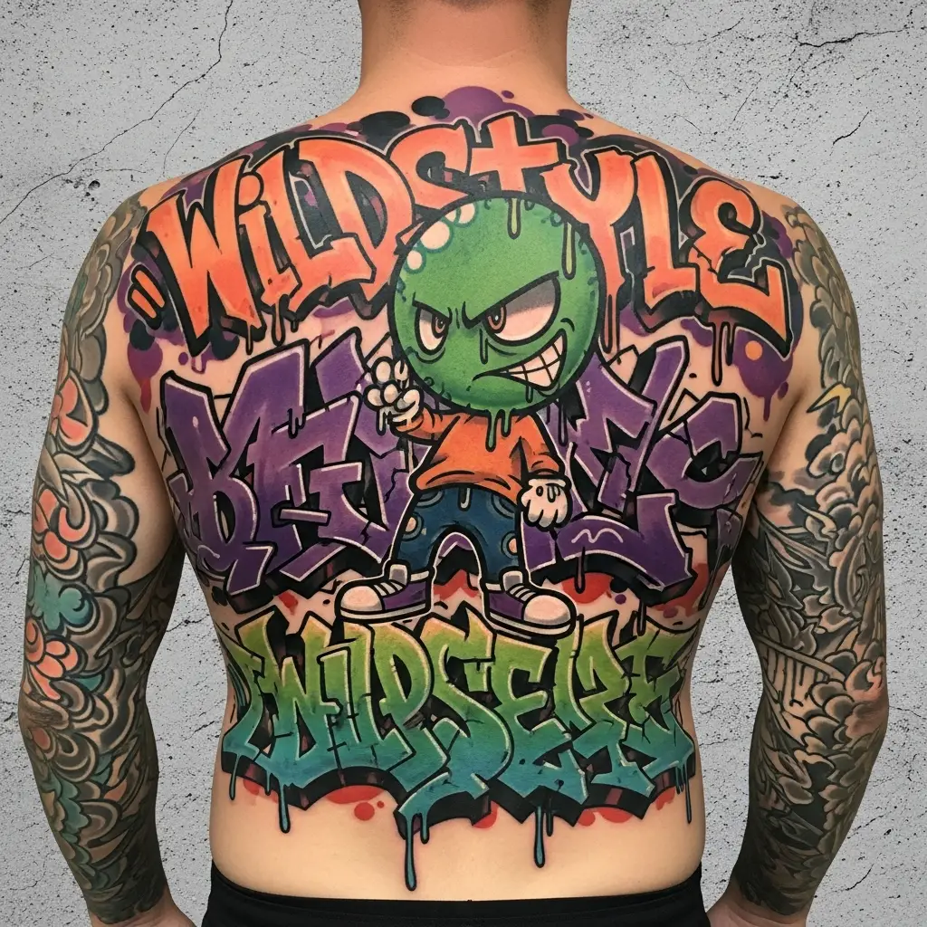 Grosses Graffiti Tattoo Piece mit Character und Hintergrund auf dem Ruecken