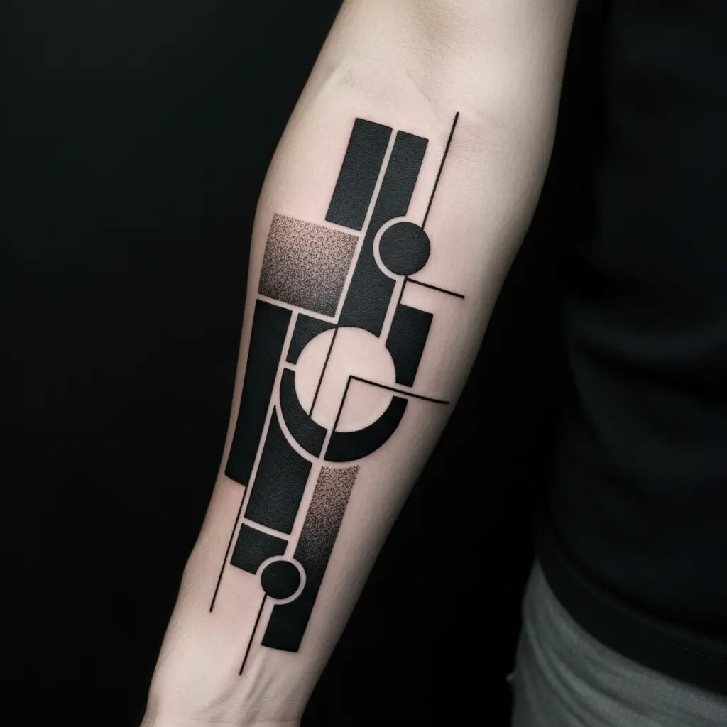 Graphic Tattoo am Unterarm mit geometrischen Flächen und schwarzen Linien