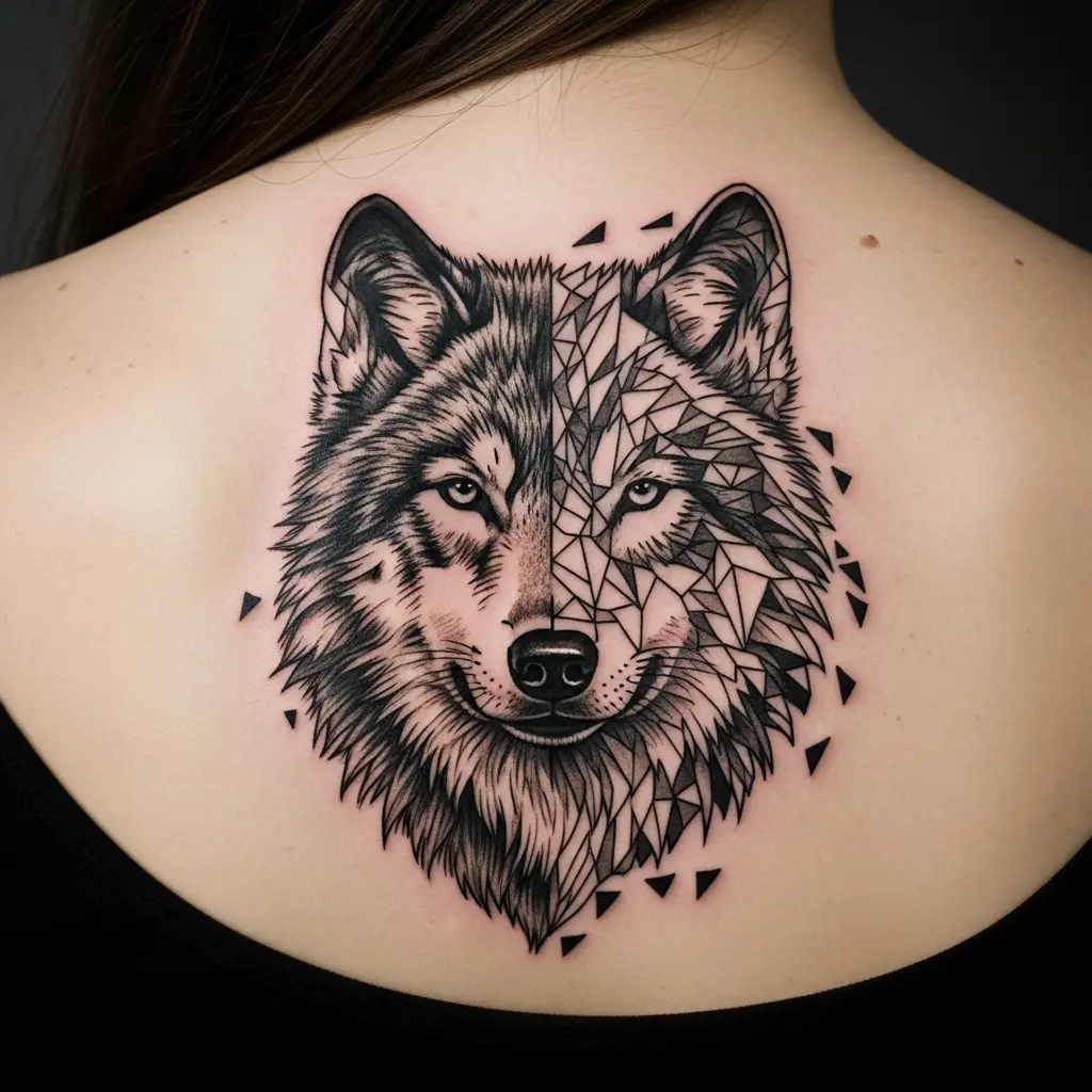 Graphic Tattoo Schulterblatt mit abstraktem Motiv und Negativraum-Technik