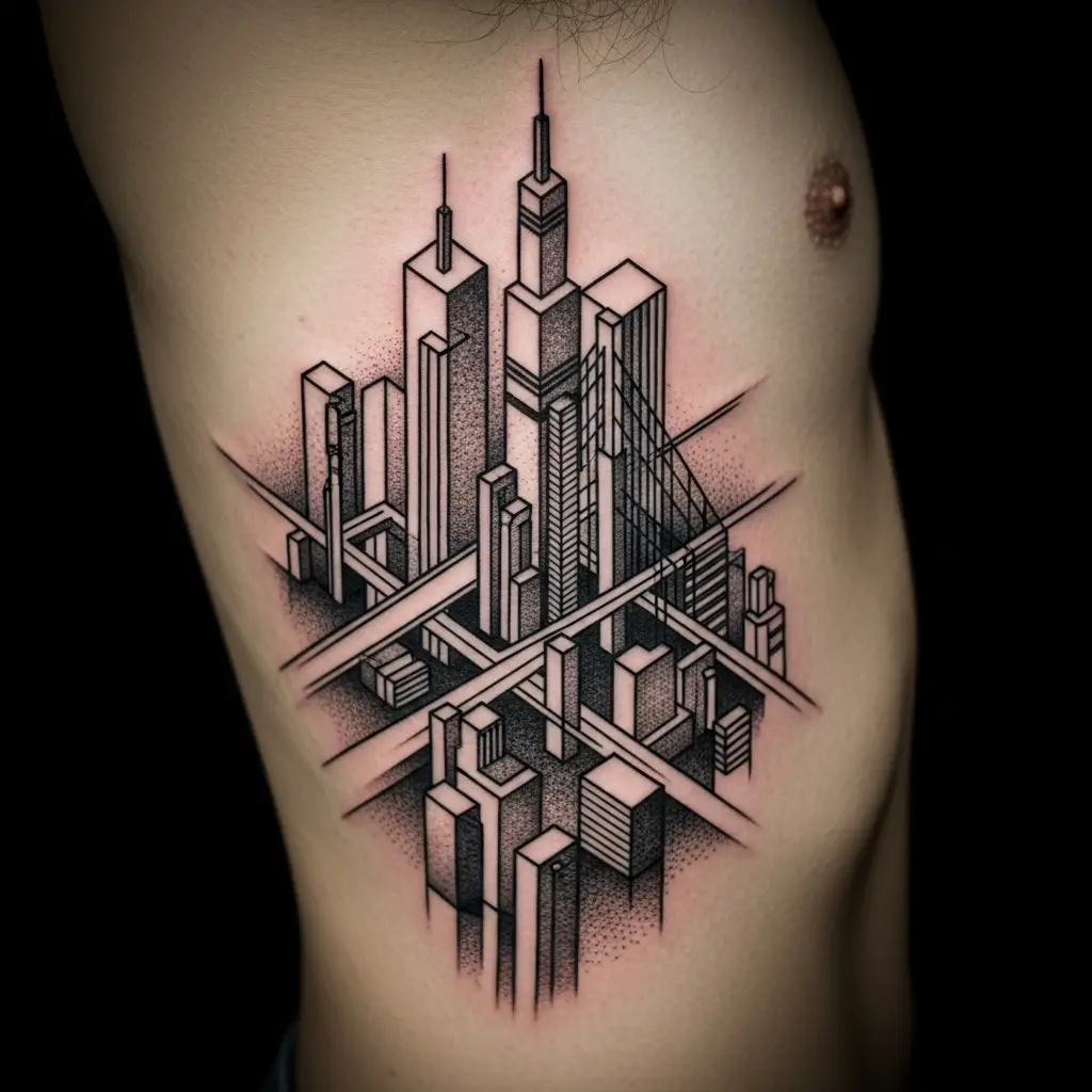 Graphic Tattoo Rippen mit isometrischer Architektur und Hatching-Schattierung