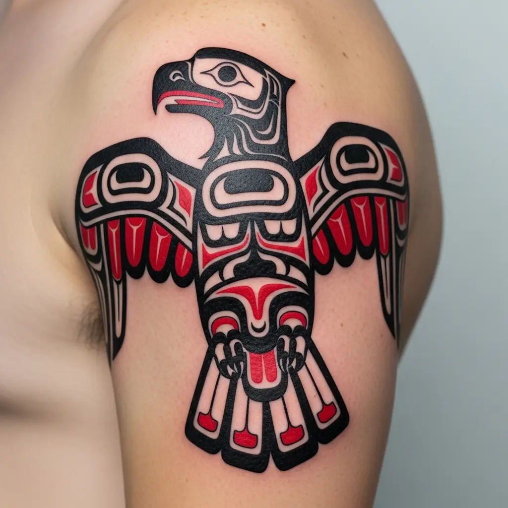 Haida Tattoo mit Adlermotiv in klassischer Formline-Technik auf dem Oberarm