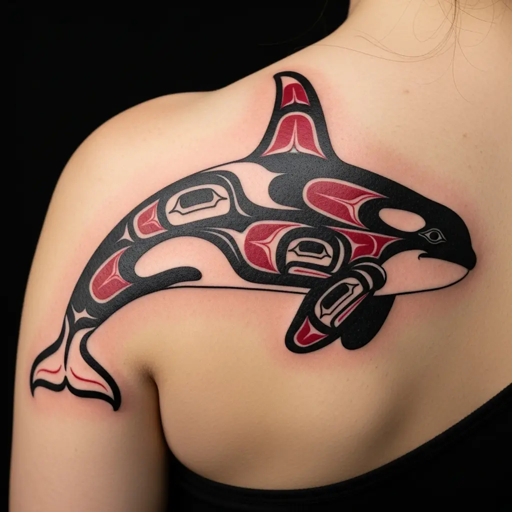 Haida Tattoo Orca-Motiv in Schwarz und Rot auf dem Schulterblatt einer Frau