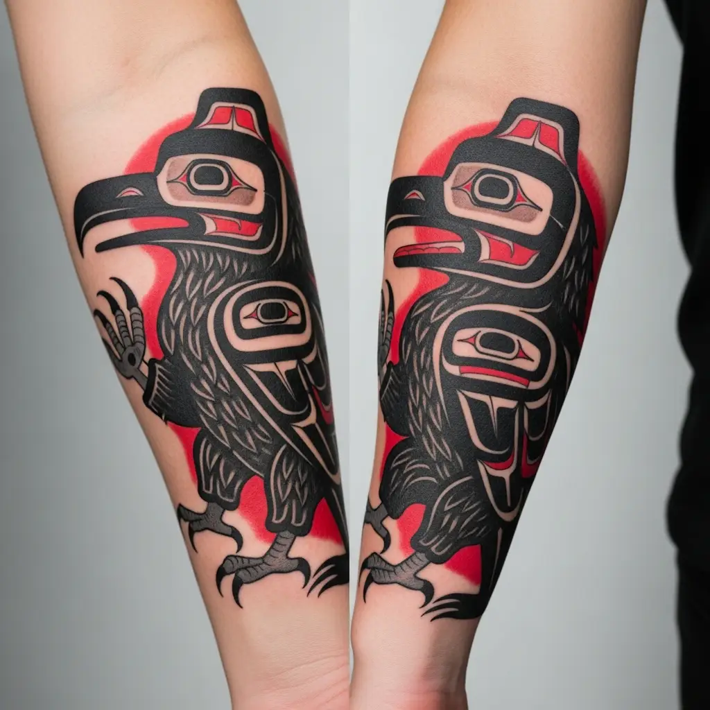 Grosses Haida Tattoo Sleeve am Unterarm mit Raben und Bären Motiv