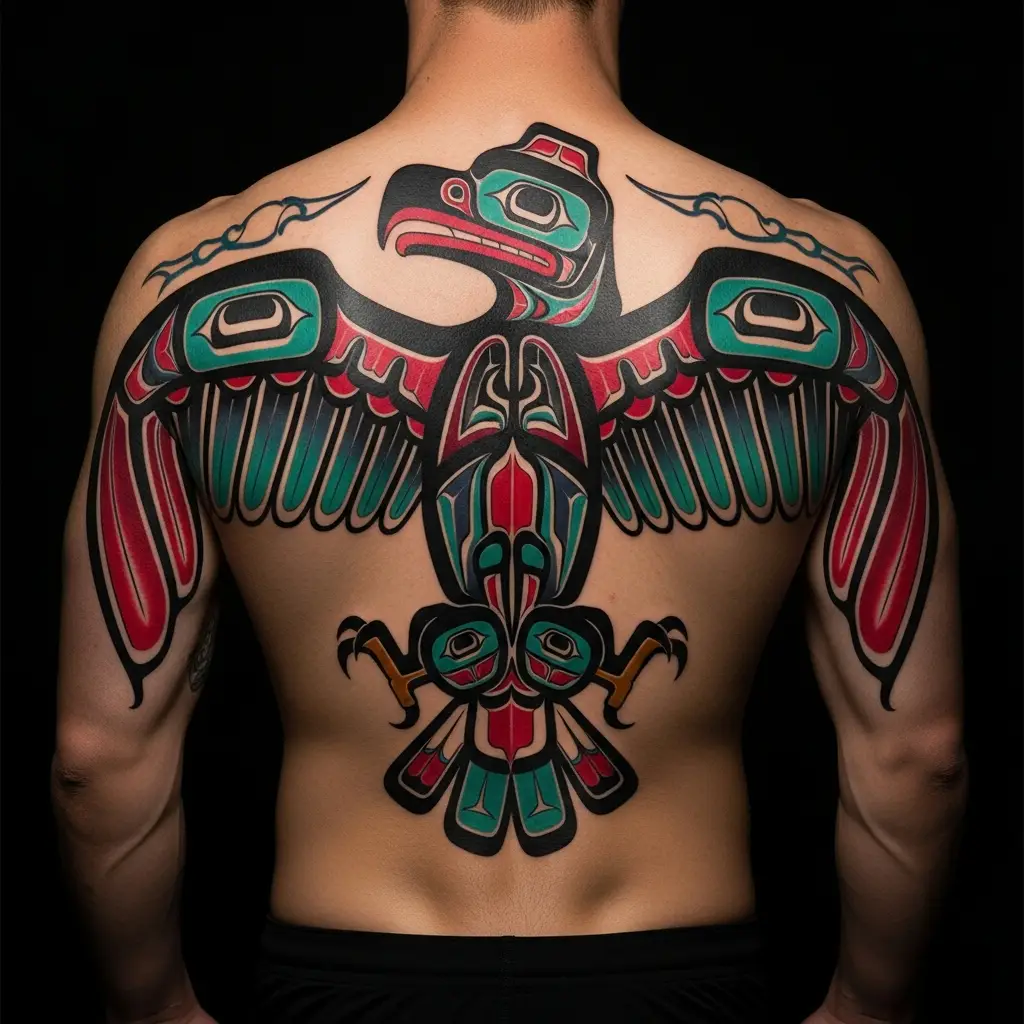 Haida Tattoo Rueckenarbeit mit Thunderbird Motiv in traditioneller Farbpalette
