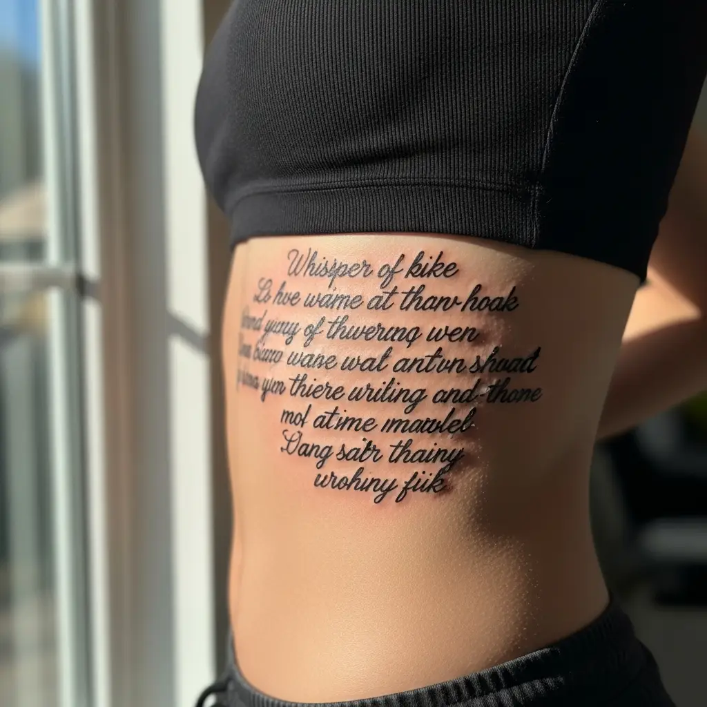 Handwriting Tattoo an der Rippe mit mehrzeiligem Gedichtzitat in Tinte