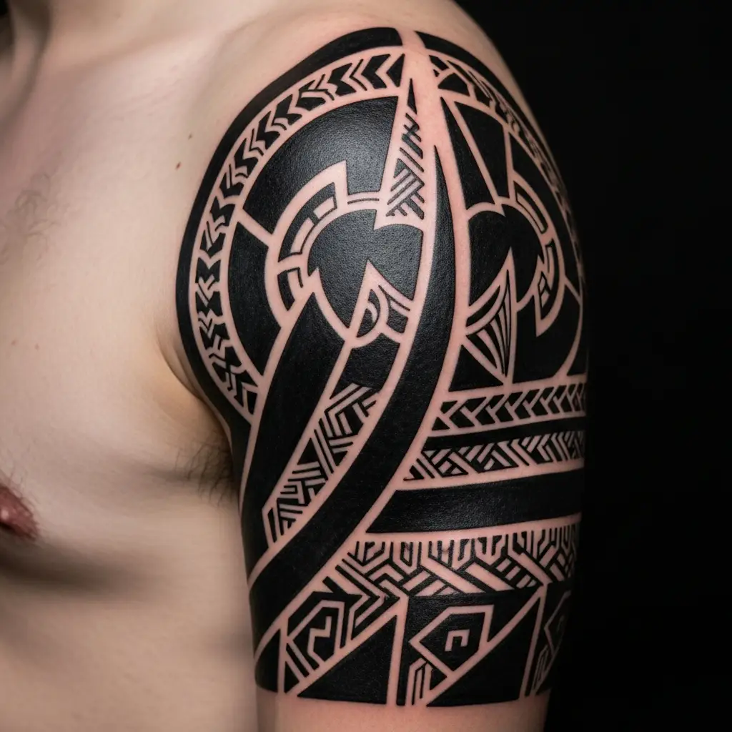 Heavy Black Tattoo mit grossflächiger Schwarzfüllung am Oberarm eines Mannes