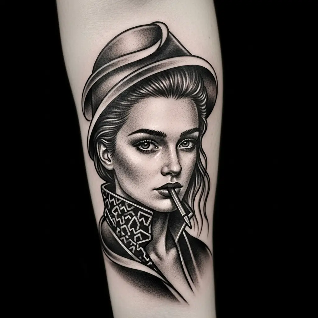 Detailaufnahme eines Heavy Black Tattoos mit weichen Grauverlaeufen und Konturlinien