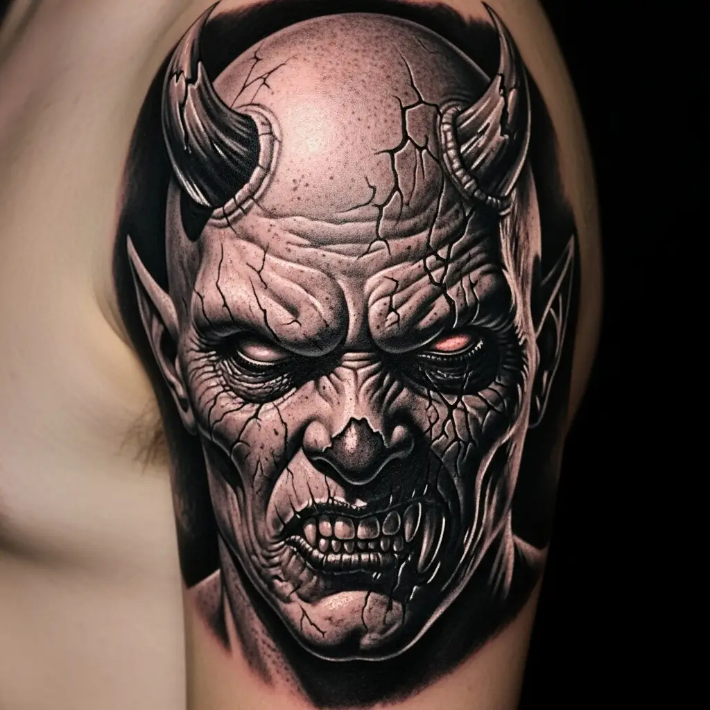 Horror Tattoo mit realistischem Dämonengesicht in Black and Grey auf dem Oberarm