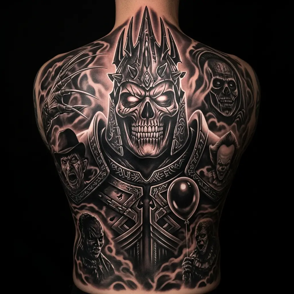Horror Tattoo mit klassischem Filmmonster-Porträt auf dem Ruecken in schwarz-grau