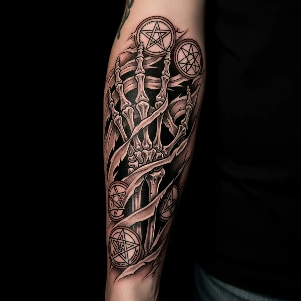 Horror Tattoo mit Skeletthand und okkulten Symbolen auf dem Unterarm