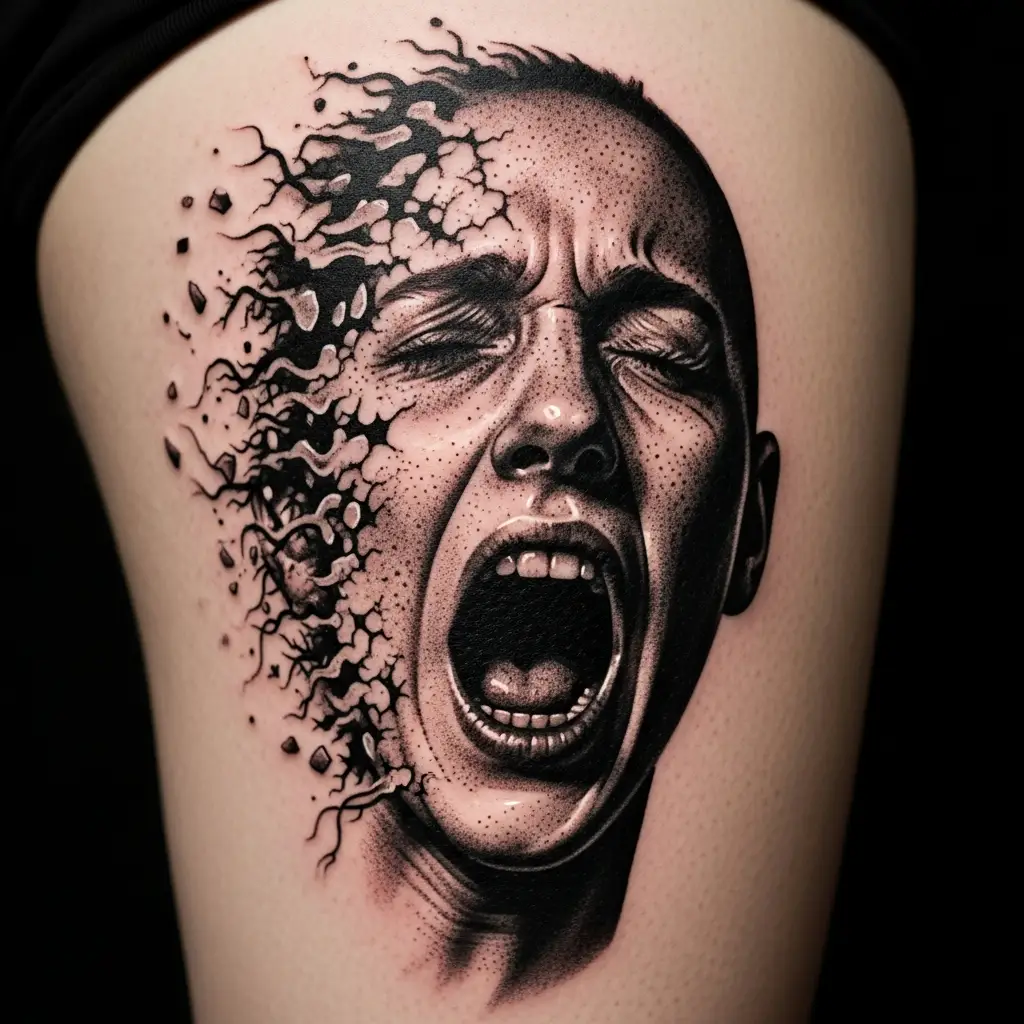 Horror Tattoo mit surrealem Albtraummotiv und Negativraum auf dem Oberschenkel