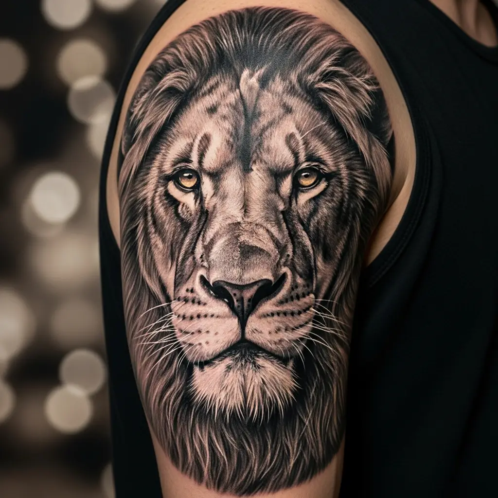 Hyperrealism Tattoo eines Löwenporträts in Schwarz-Grau auf dem Oberarm
