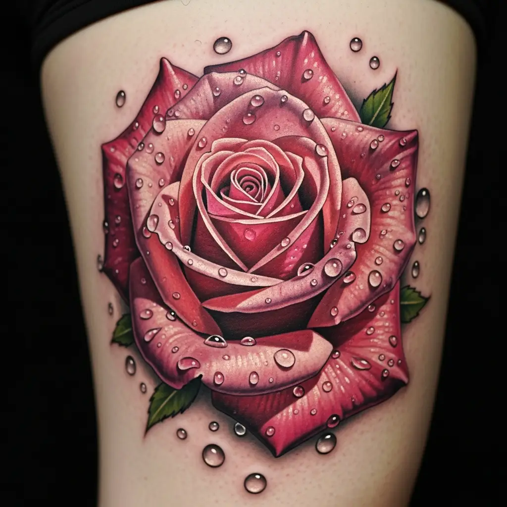 Farbiges Hyperrealism Tattoo einer Rose mit Wassertropfen auf dem Oberschenkel