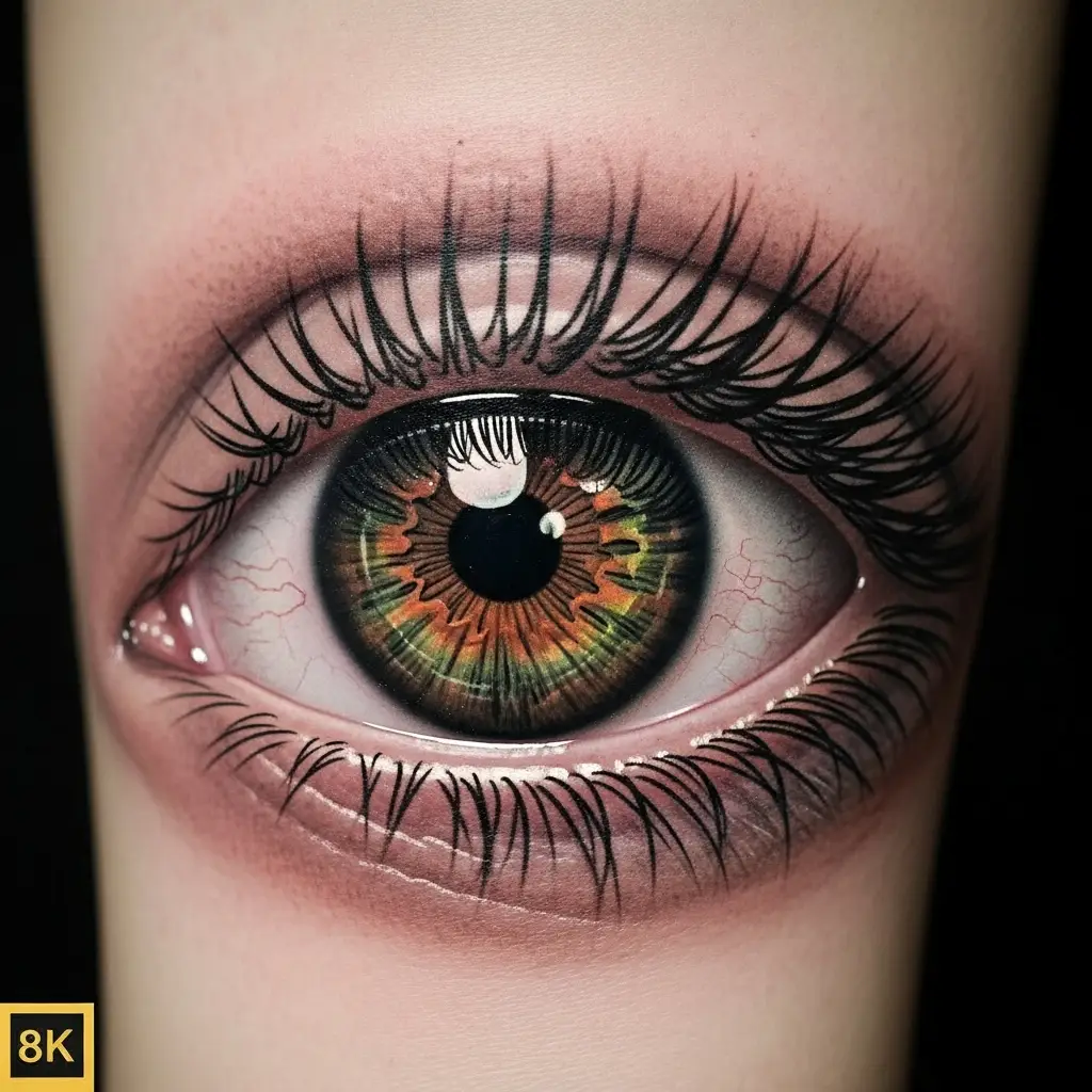 Hyperrealism Tattoo eines menschlichen Auges mit Lichtreflexen auf dem Unterarm