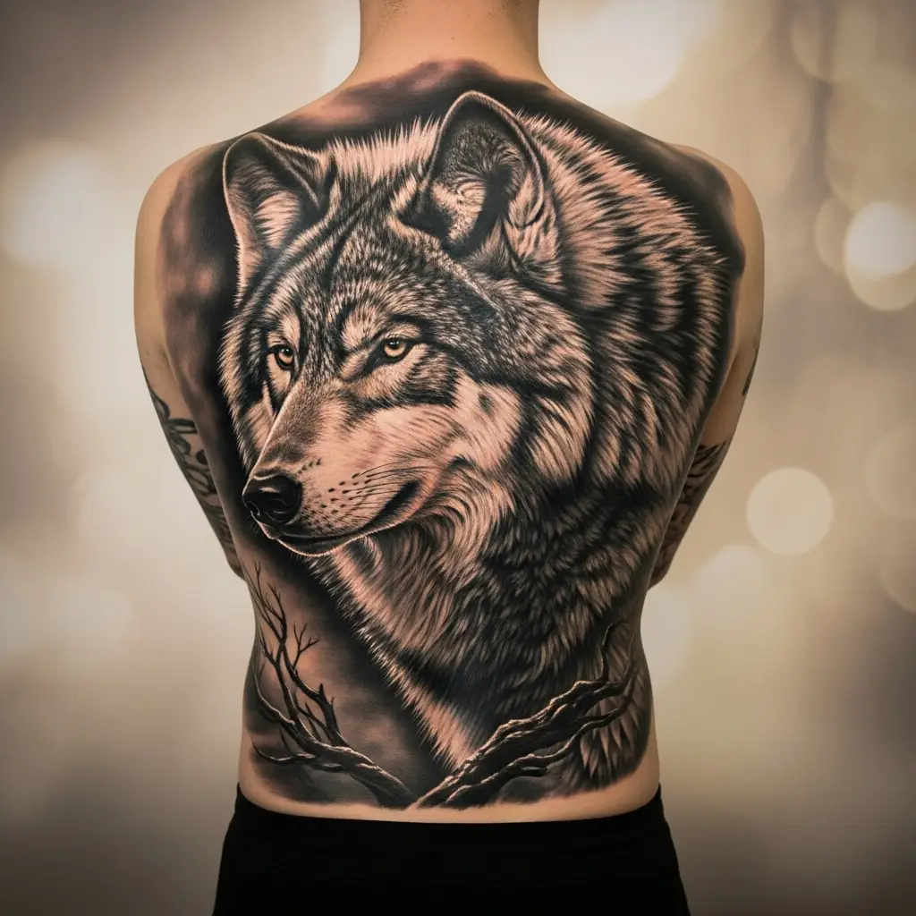 Grossformatiges Hyperrealism Tattoo eines Wolfes auf dem Ruecken mit atmosphaerischem Hintergrund