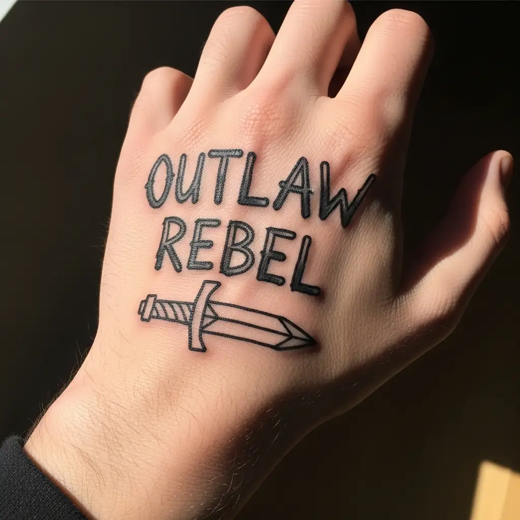Ignorant Style Tattoo mit Blockbuchstaben-Schriftzug und einfachen Motiven auf der Hand