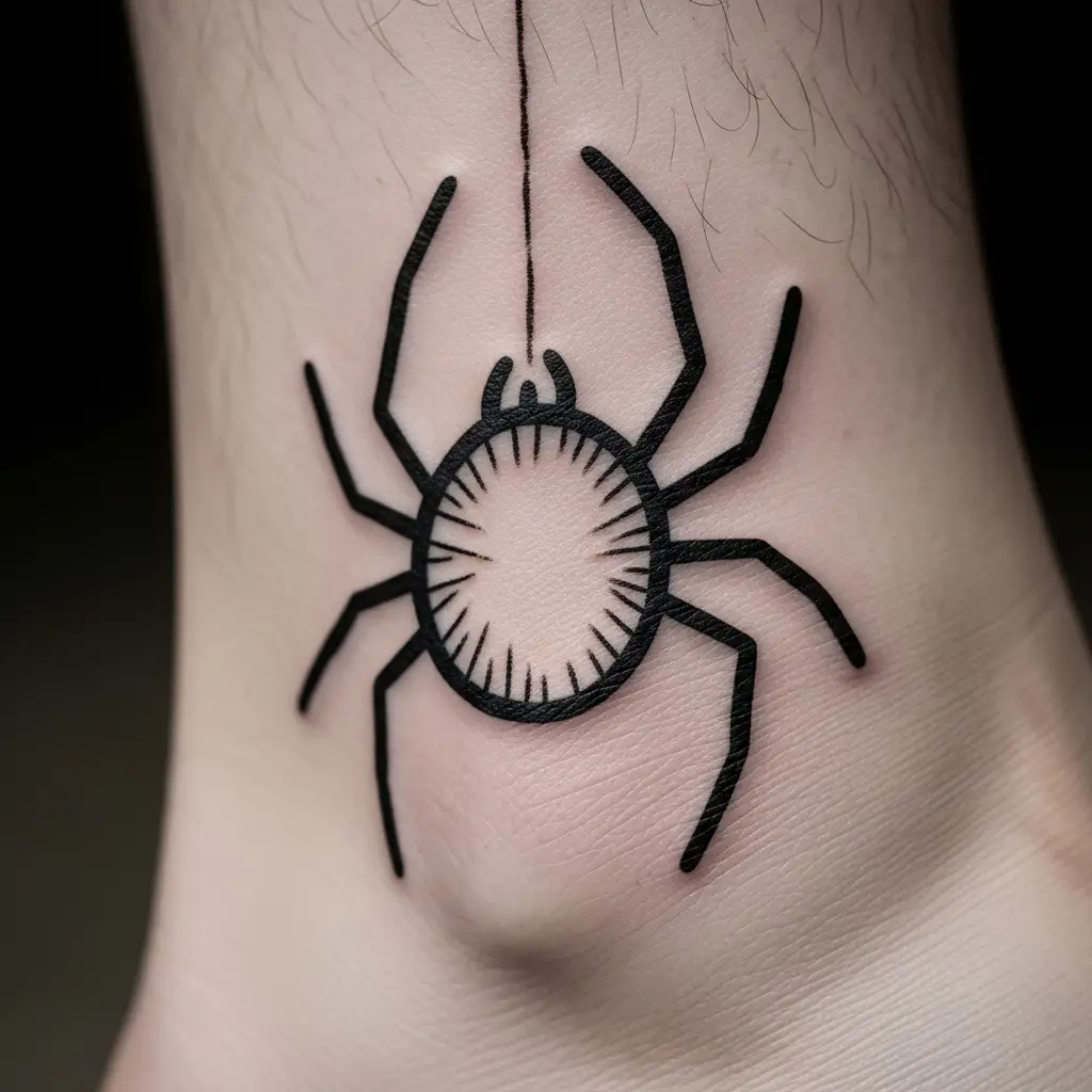 Ignorant Style Tattoo mit naiver Spinnen-Illustration und rohem Strichcharakter am Knöchel