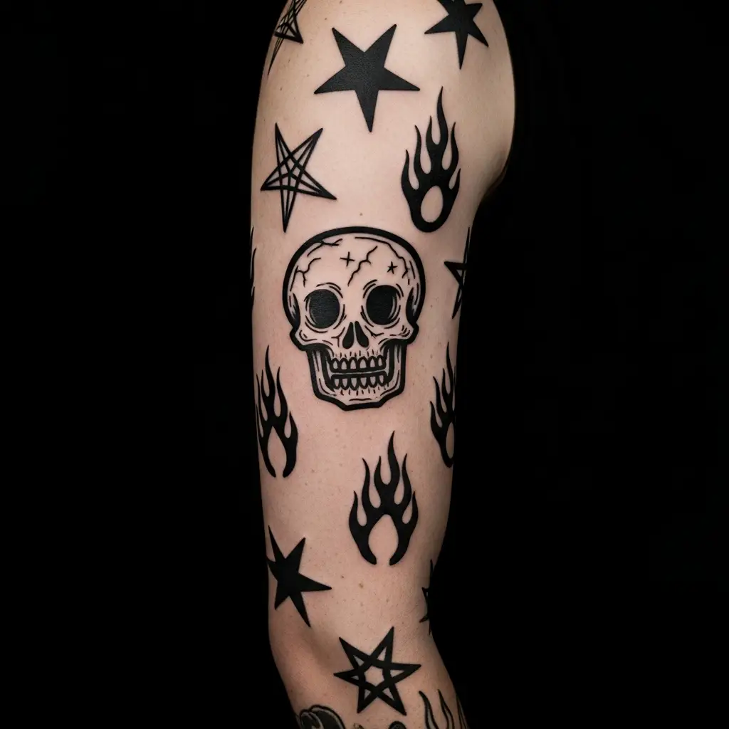 Ignorant Style Sleeve mit mehreren isolierten Motiven und grossem Negativraum am Arm
