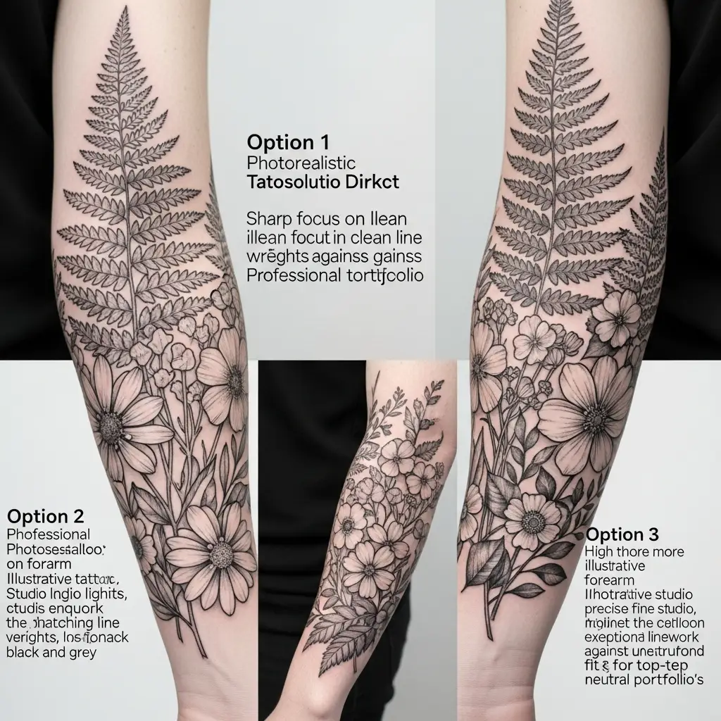 Illustratives Tattoo mit botanischen Motiven und feinen Schraffurlinien am Unterarm