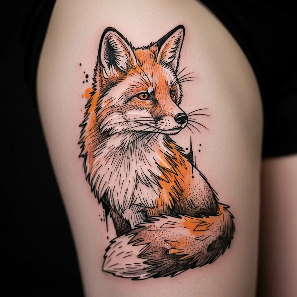 Illustratives Fuchs-Tattoo mit expressiver Linienführung und Aquarell-Farbakzenten am Oberschenkel