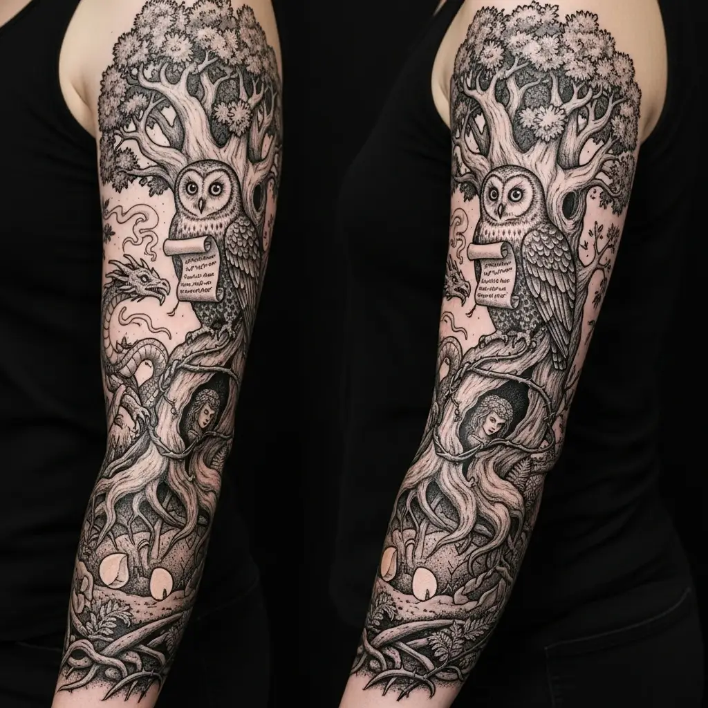 Grosses illustratives Sleeve-Tattoo mit narrativer Szene und klassischer Buchillustrationsästhetik