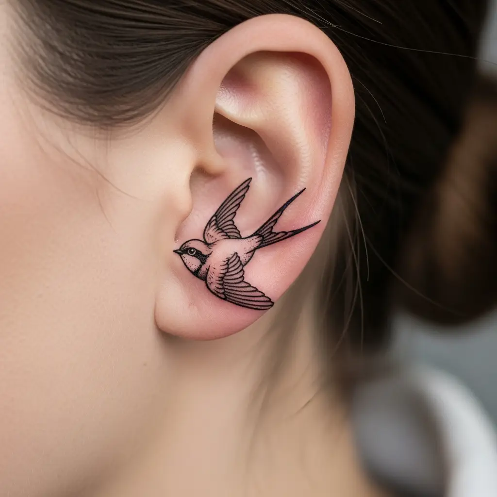 Kleines illustratives Vogel-Tattoo hinter dem Ohr mit feiner Federzeichnungsoptik