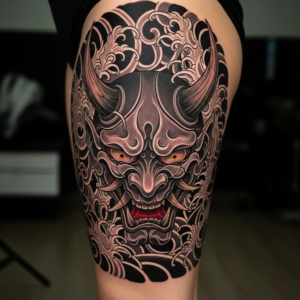 Traditionelles Irezumi Tattoo mit Oni-Maske und Wellenmustern